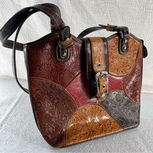 MC Mark Chantal Patchwork Leather Floral Embossed Retro Shiny Shoulder Bag Purse
